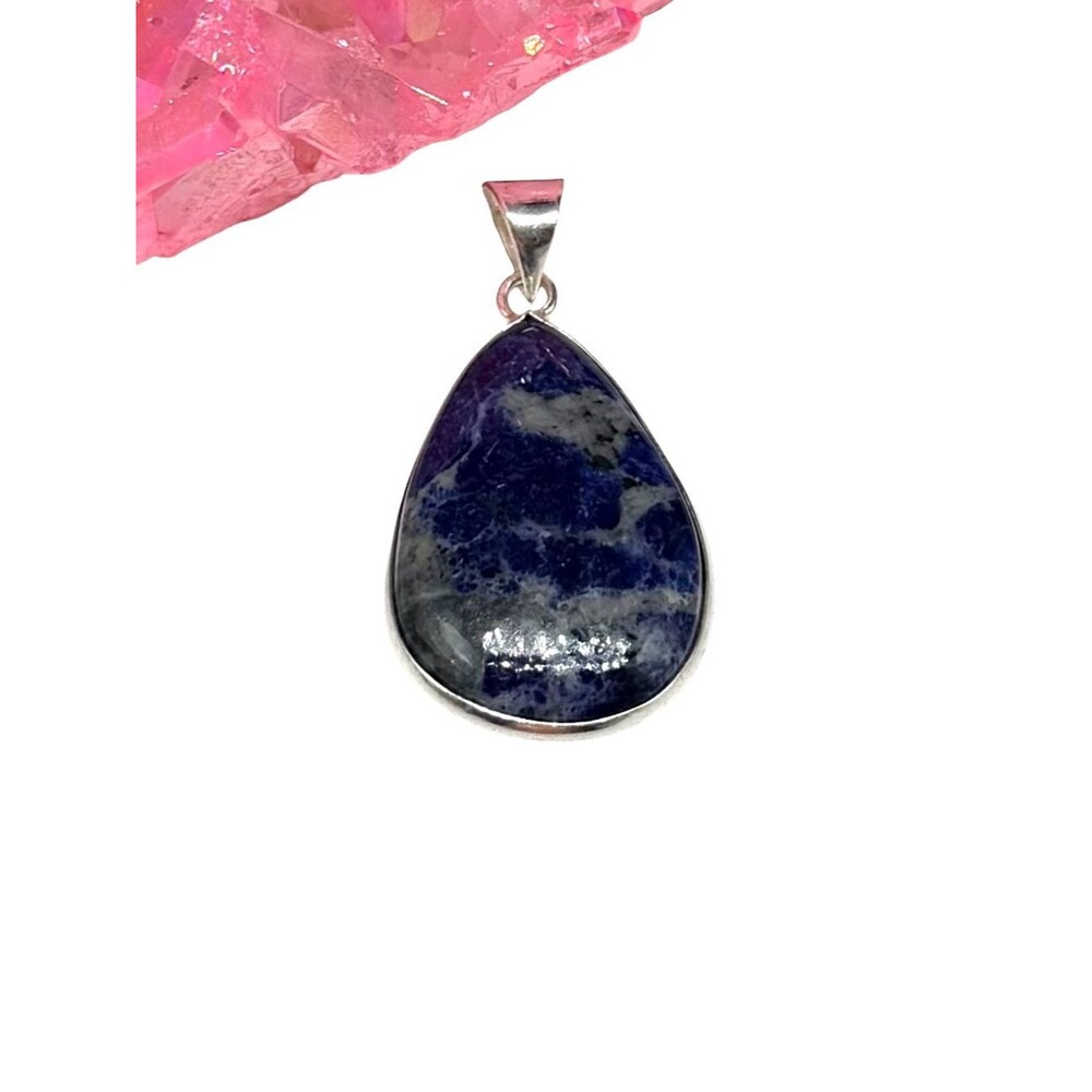 Sodalite Necklace Pendant 925 Sterling Silver Overlay Teardrop Stone Chunky Blue